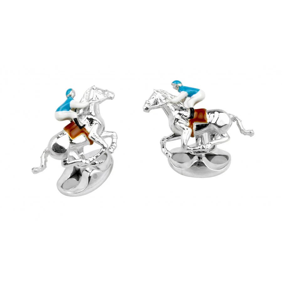 Sterling Silver Horse and Jockey Cufflinks - Blue and Brown – Deakin & Francis - EB London