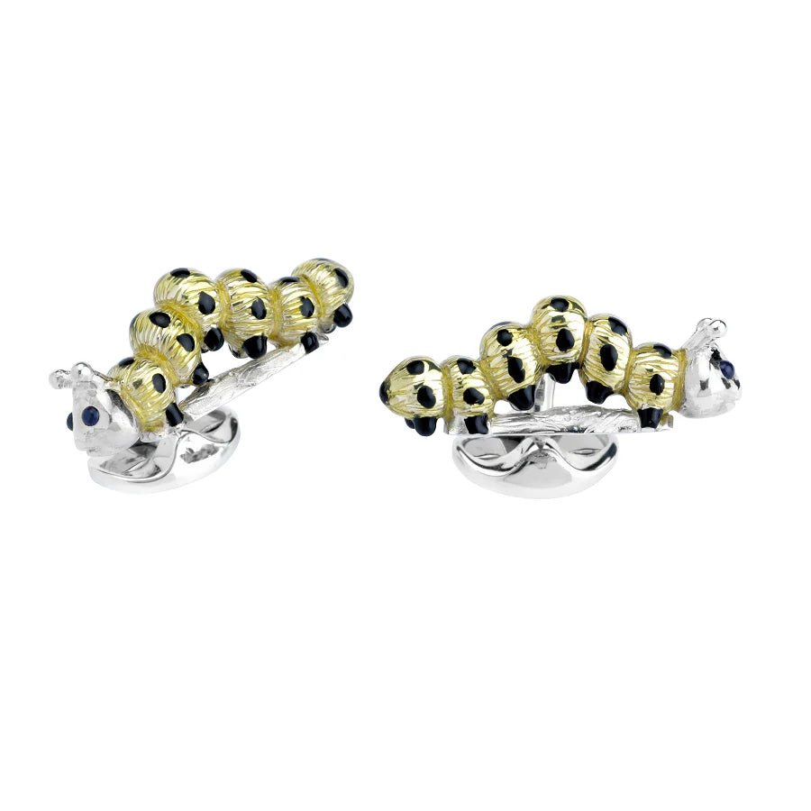 Sterling Silver Lemon Yellow and Black Enamel Caterpillar Cufflinks with Sapphire Eyes – Deakin & Francis - EB London
