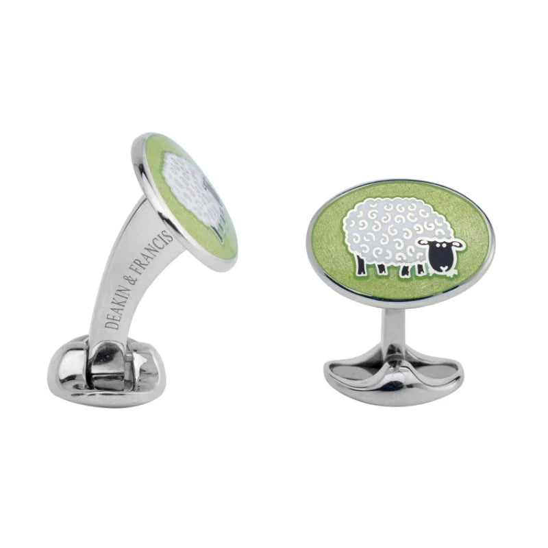 Silver Light Green and White Sheep Cufflinks with Enamel - Deakin & Francis | EB London