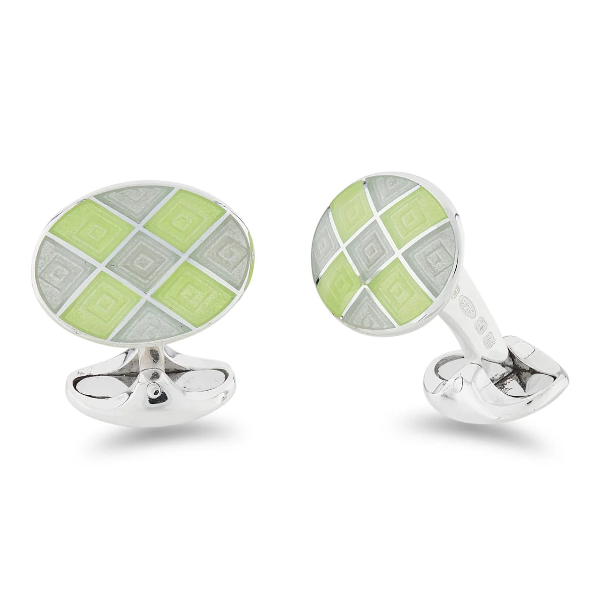 Silver Lime Green and Grey Enamel Chequer Pattern Cufflinks - Deakin & Francis | EB London