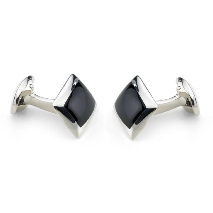 Sterling silver oblong cufflinks with hand-cut black onyx inlay by Deakin & Francis at EB London