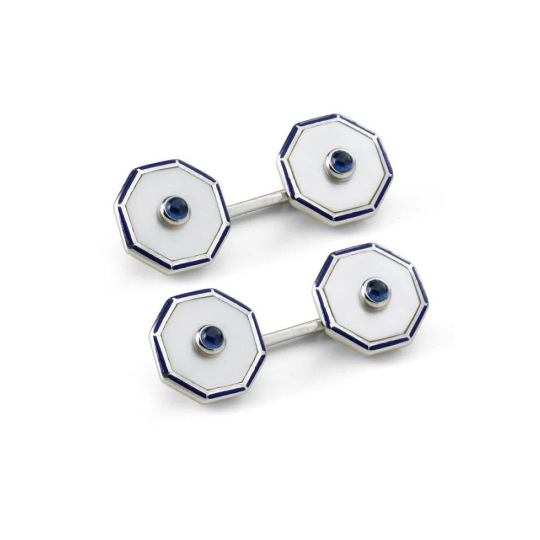 Sterling Silver Octagonal Cufflinks with Mother-of-Pearl and Sapphire - Deakin & Francis | EB London