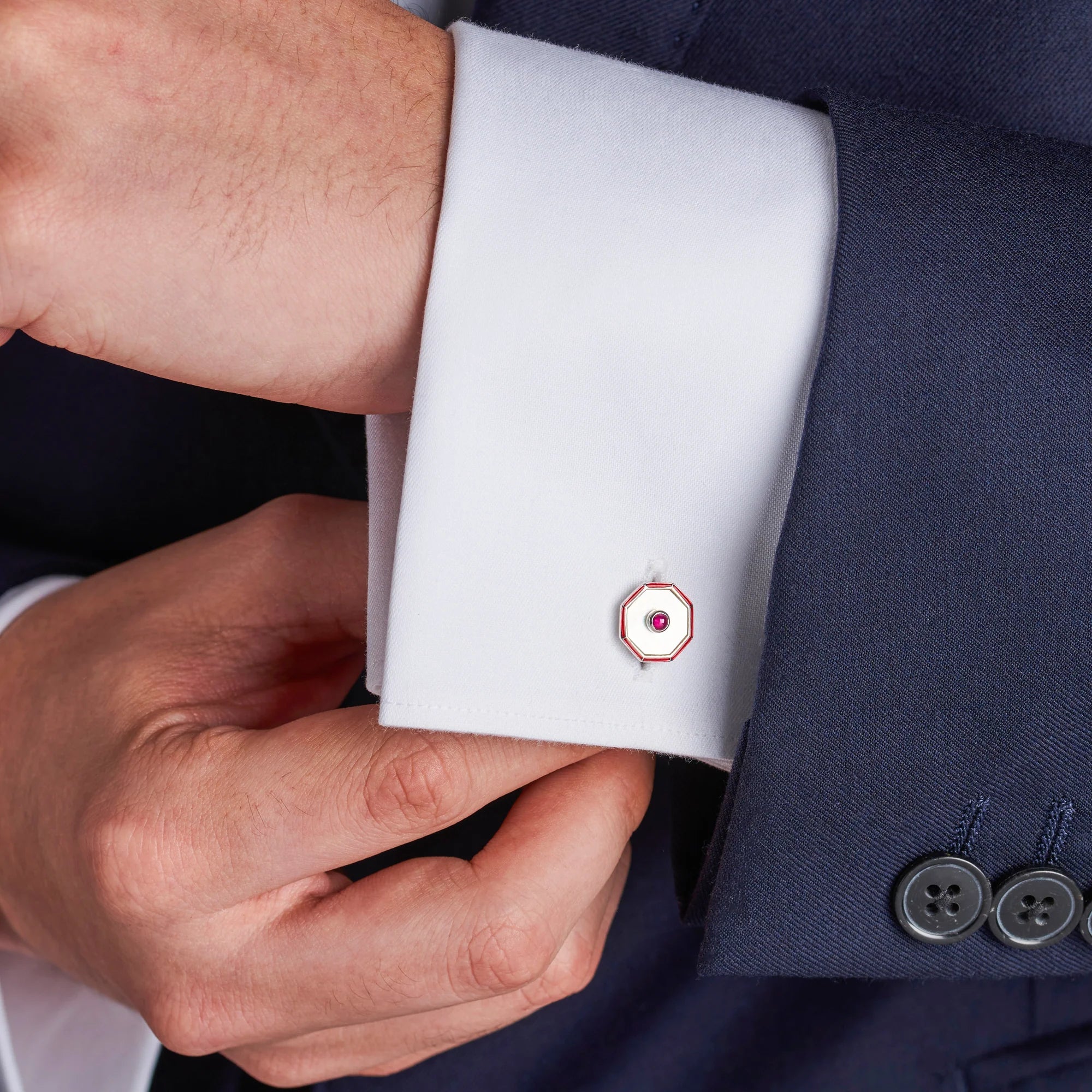 Sterling Silver Octagonal Cufflinks with Mother - of - Pearl and Ruby – Deakin & Francis - EB London