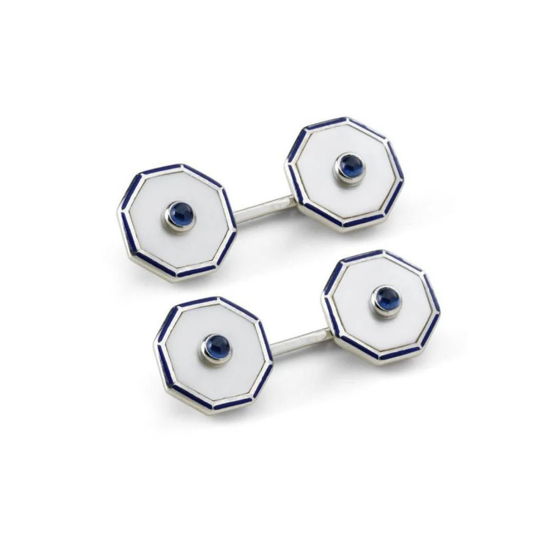 Sterling Silver Octagonal Cufflinks with Mother - of - Pearl and Sapphire Centre – Deakin & Francis - EB London