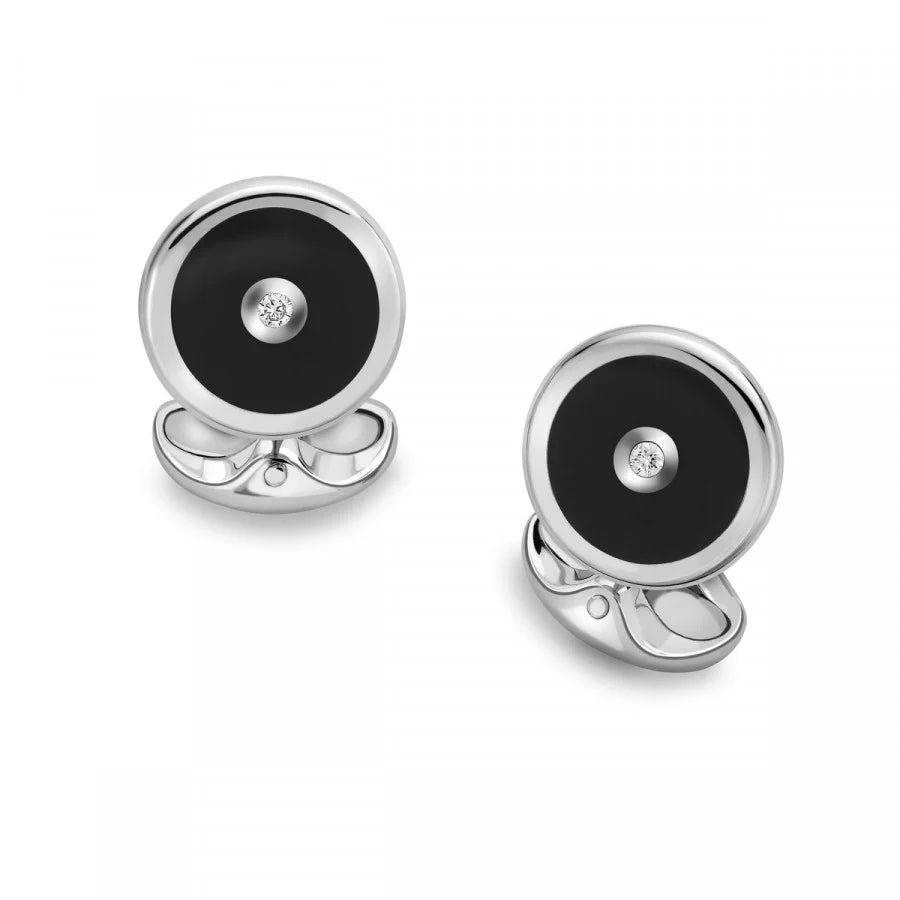 Silver Round Cufflinks with Onyx Inlay and Diamond - Deakin & Francis | EB London