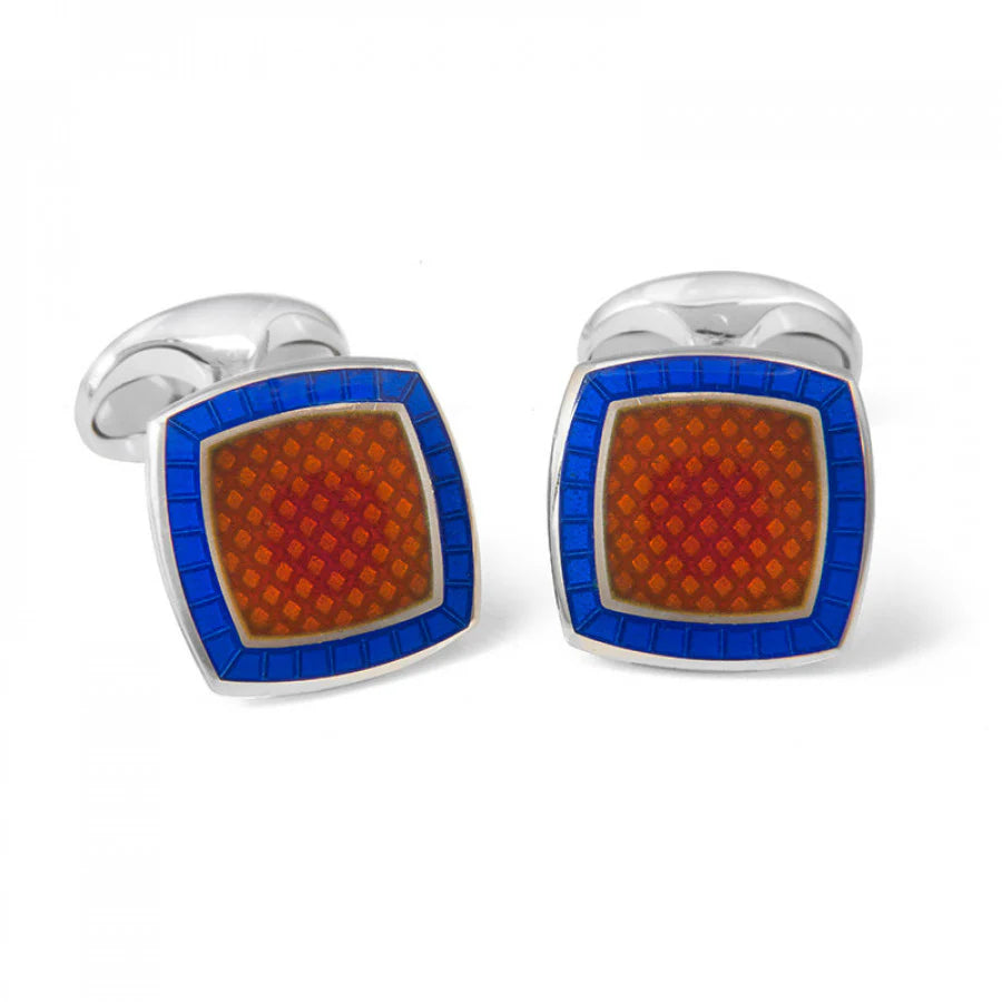 Luxury Sterling Silver Orange Enamel Cufflinks with Royal Blue Border - Deakin & Francis | EB London