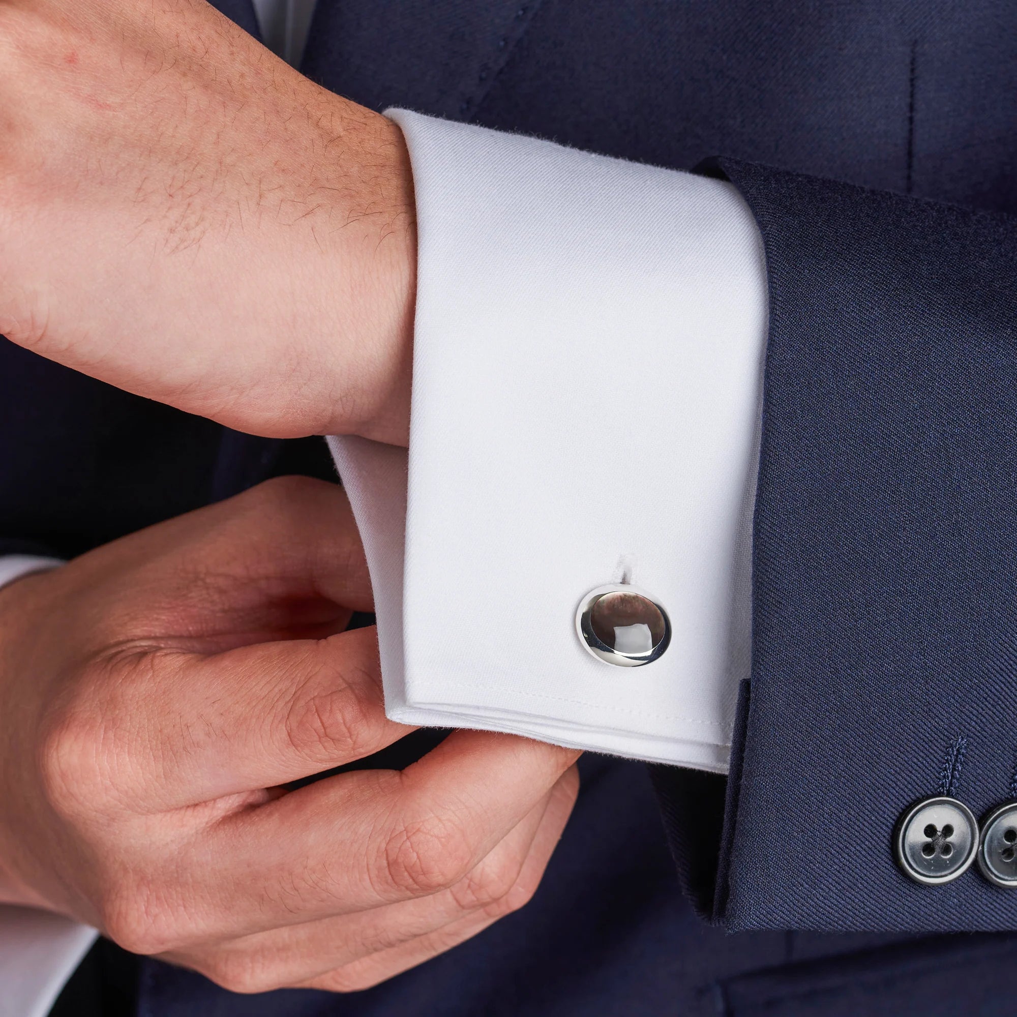silver oval cufflinks with grey mother-of-pearl inlay by Deakin & Francis at EB London