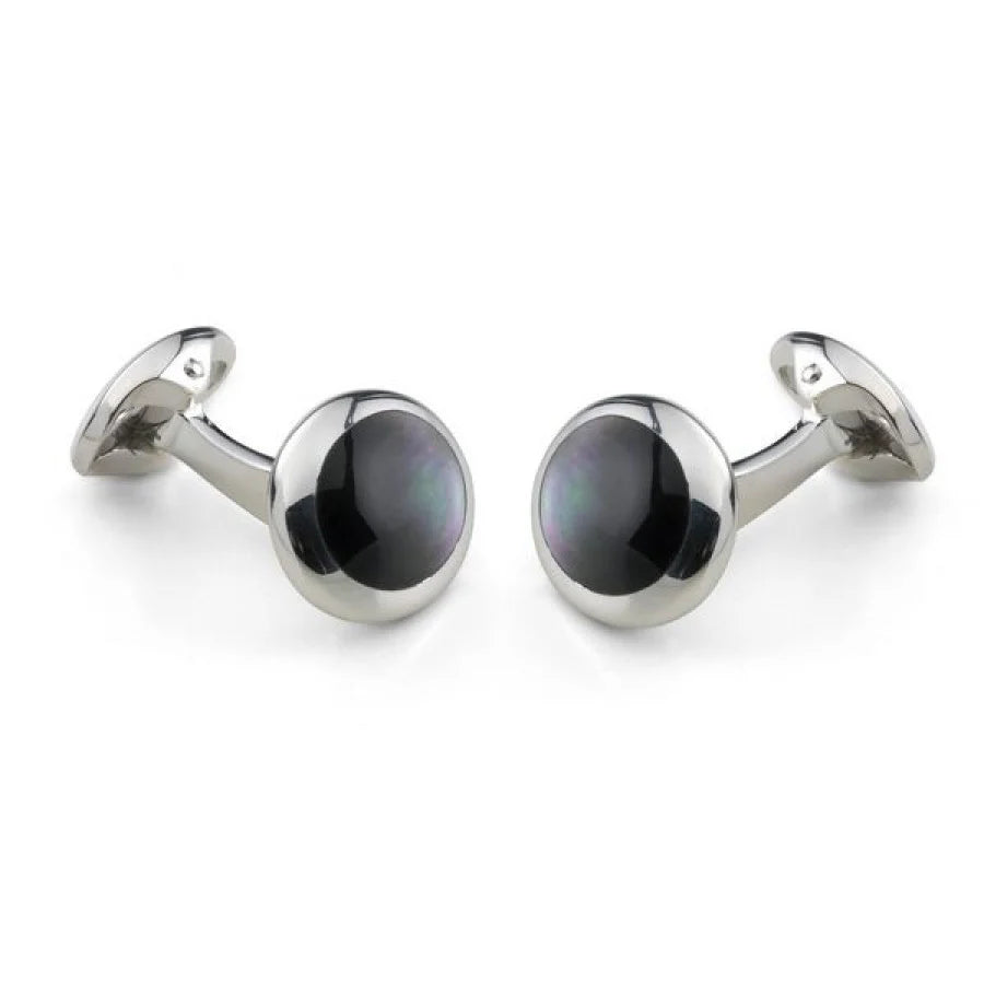 Sterling silver oval cufflinks with grey mother-of-pearl inlay by Deakin & Francis at EB London