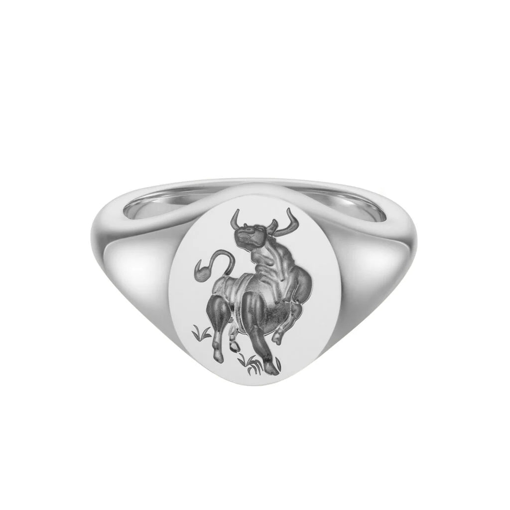 Deakin & Francis sterling silver oval zodiac signet ring with Bull engraving, 12x10mm, handcrafted in Birmingham, at EB London