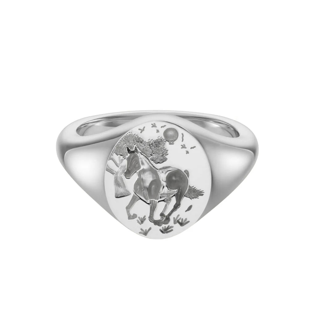 Deakin & Francis sterling silver oval zodiac signet ring with Horse engraving, 14x11.5mm, handcrafted in Birmingham, at EB London