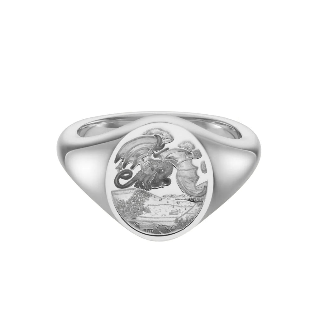 Deakin & Francis sterling silver oval zodiac signet ring with Dragon engraving, 14x11.5mm, handcrafted in Birmingham, at EB London