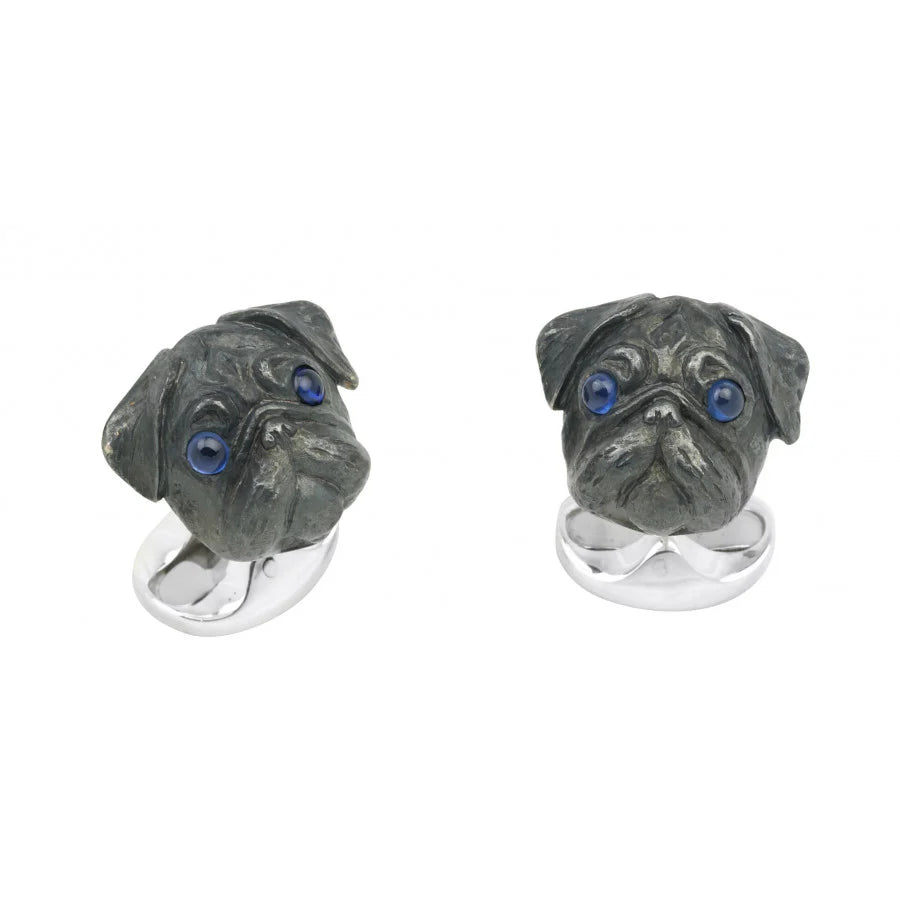 Luxury Sterling Silver Oxidised Pug Cufflinks with Sapphire Eyes - Deakin & Francis | EB London