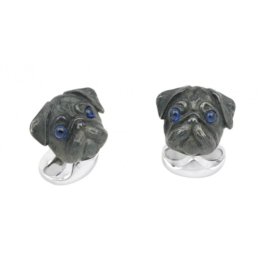 Sterling Silver Oxidised Pug Head Cufflinks with Sapphire Eyes – Deakin & Francis - EB London