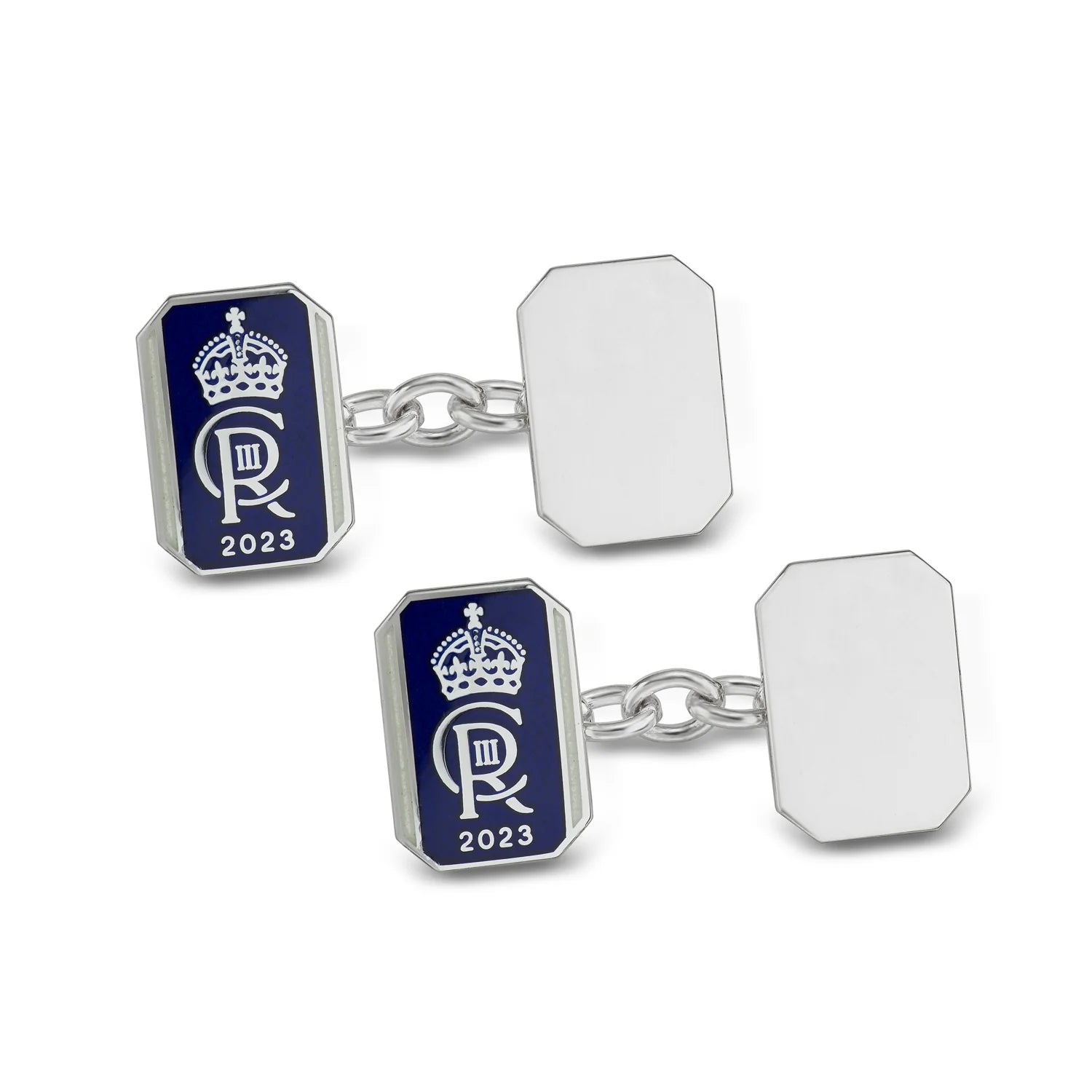 Luxury Sterling Silver Enamel And Plain Oblong Chain Link Coronation Cufflinks - Blue - Deakin & Francis | EB London