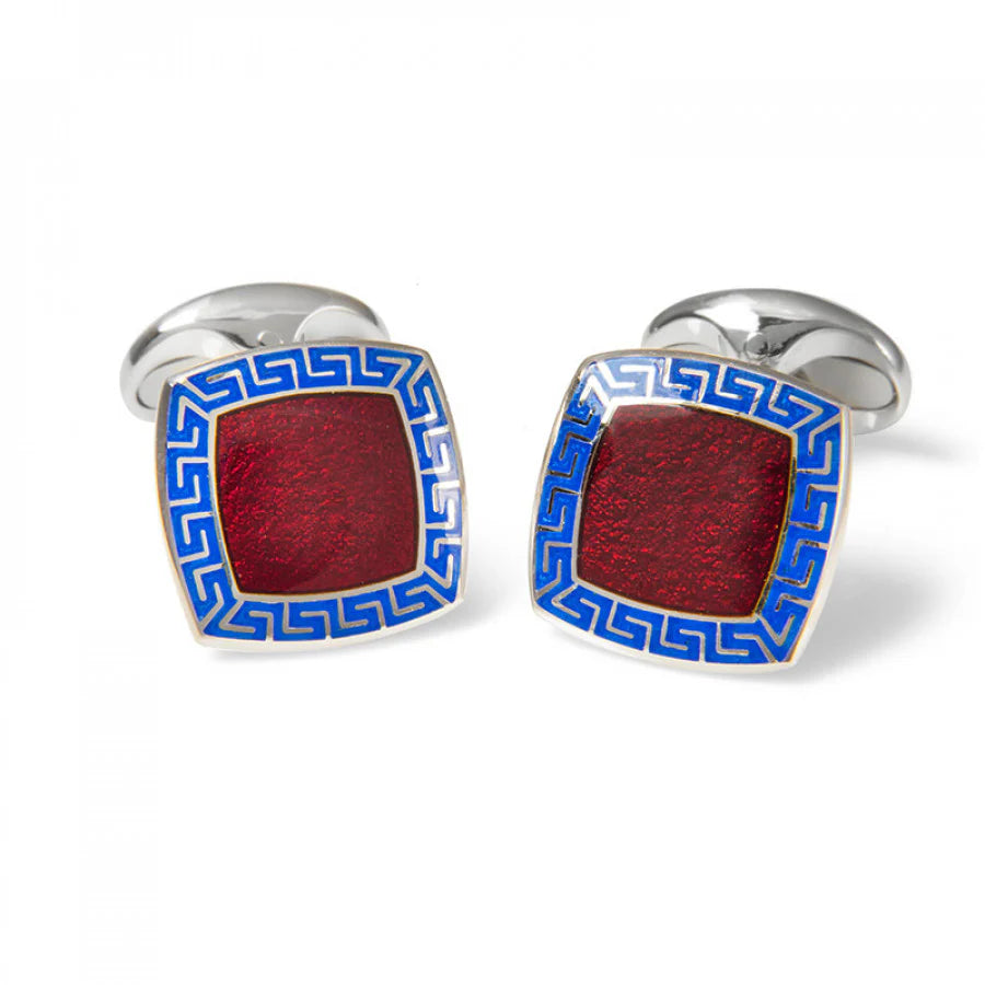 Luxury Sterling Silver Red Enamel Cufflinks with Blue Patterned Border - Deakin & Francis | EB London