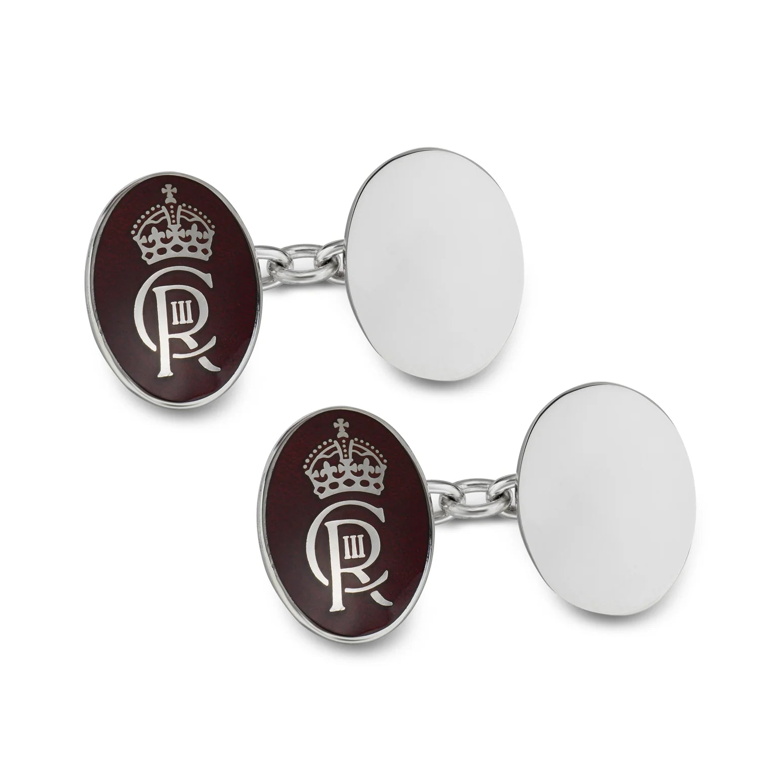 Luxury Sterling Silver Enamel And Plain Oval Chain Link Coronation Cufflinks - Red - Deakin & Francis | EB London