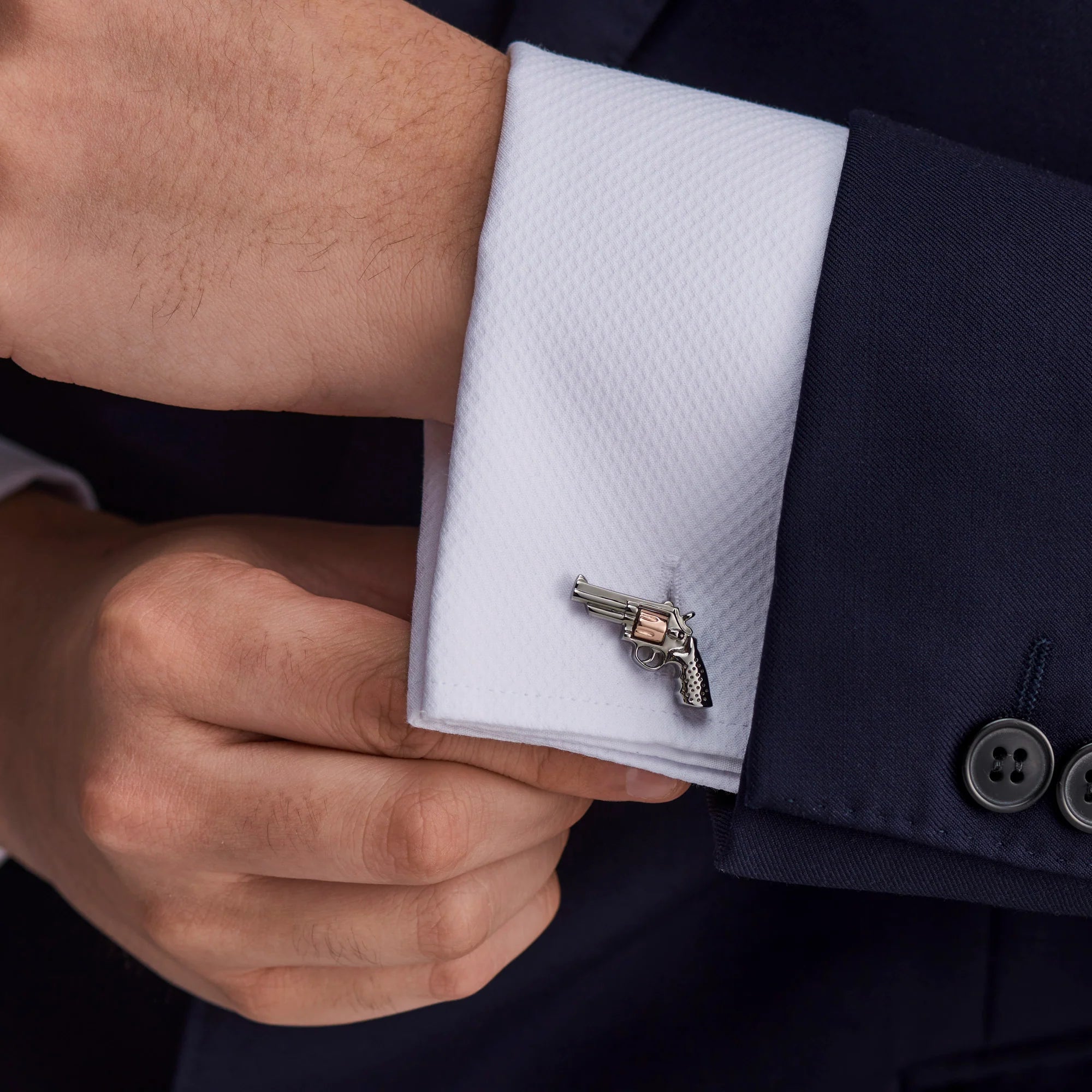 Sterling Silver Revolver Gun Cufflinks in Black with Rose Gold Cylinder – Deakin & Francis - EB London