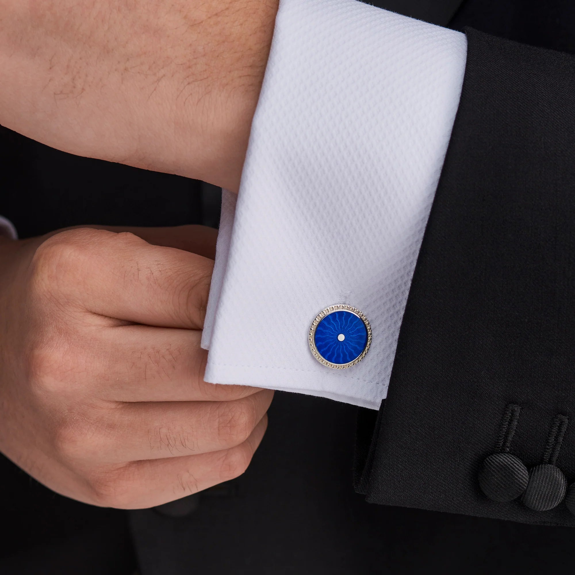 Sterling Silver Round Blue Enamel Cufflinks With Detailed Border - Deakin & Francis | EB London