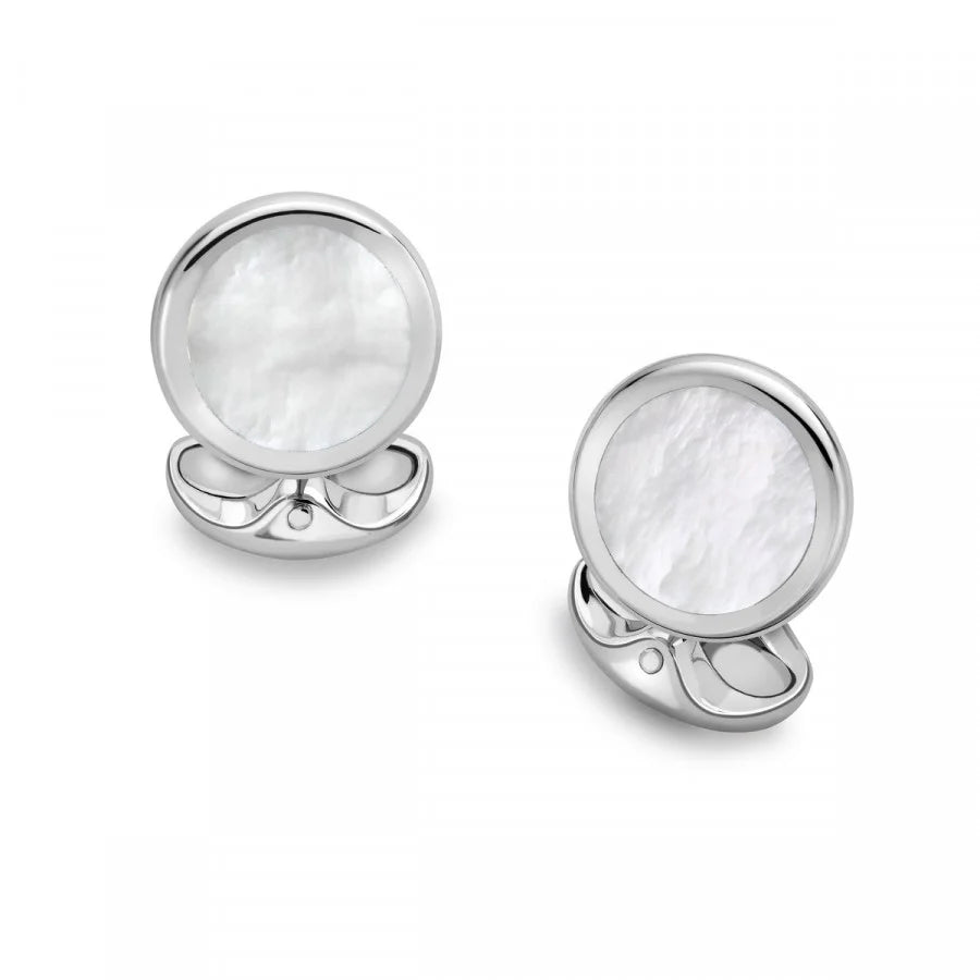 Sterling silver round cufflinks with white mother-of-pearl inlay by Deakin & Francis at EB London