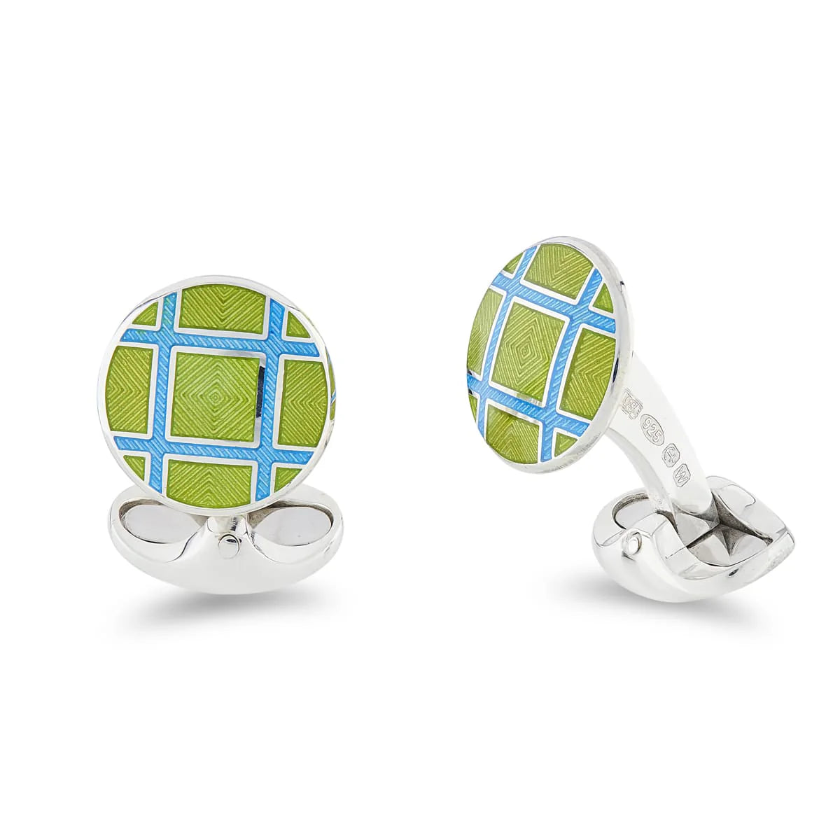Silver Round Green and Blue Cross Hatch Cufflinks - Deakin & Francis | EB London