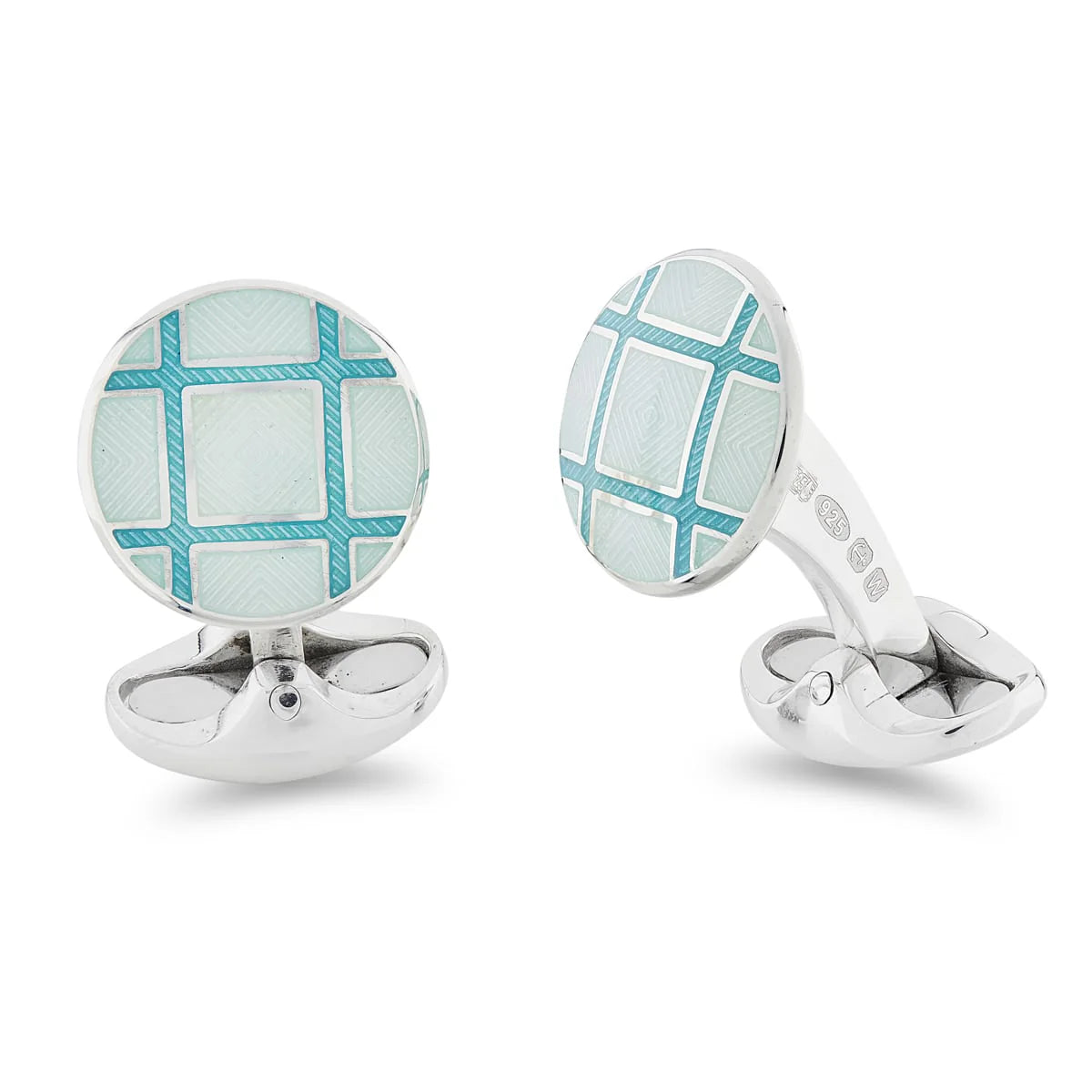 Silver Round Light Blue and Turquoise Cross Hatch Cufflinks - Deakin & Francis | EB London