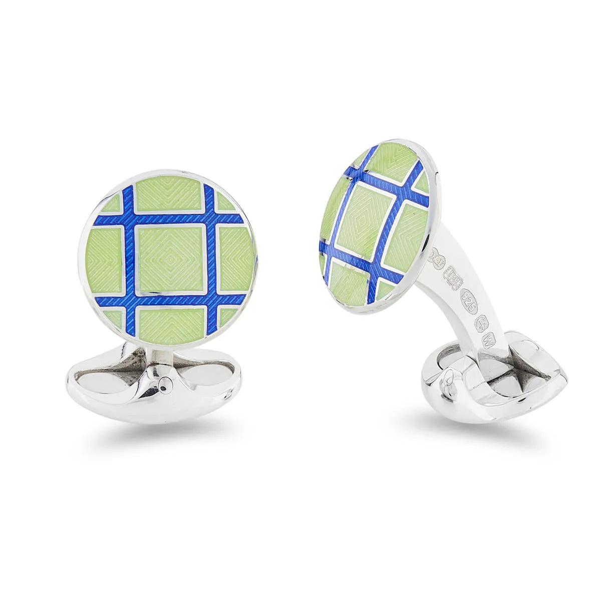 Silver Round Light Green and Royal Blue Cross Hatch Cufflinks - Deakin & Francis | EB London