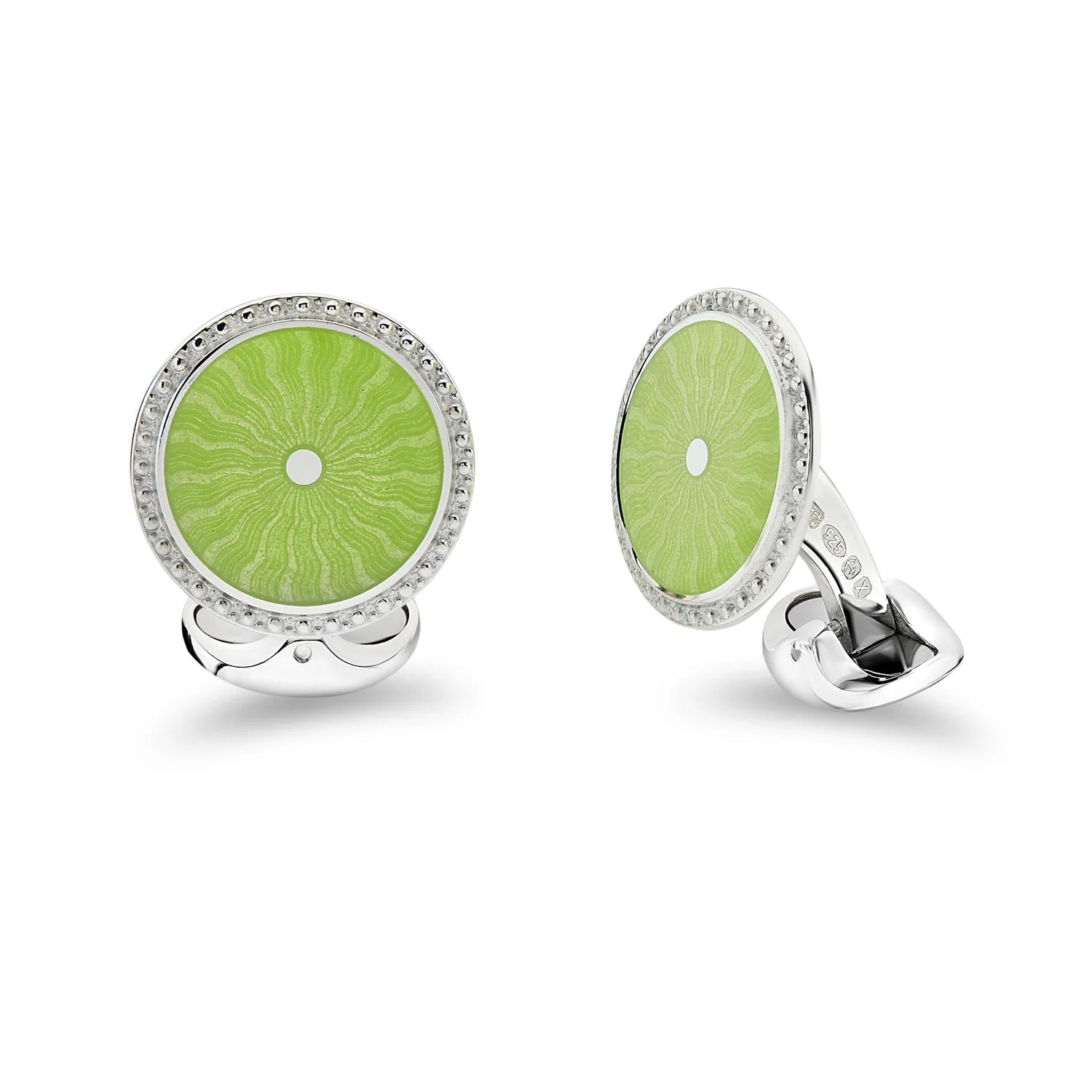 Luxury Sterling Silver Round Lime Green Enamel Cufflinks With Detailed Border - Deakin & Francis | EB London