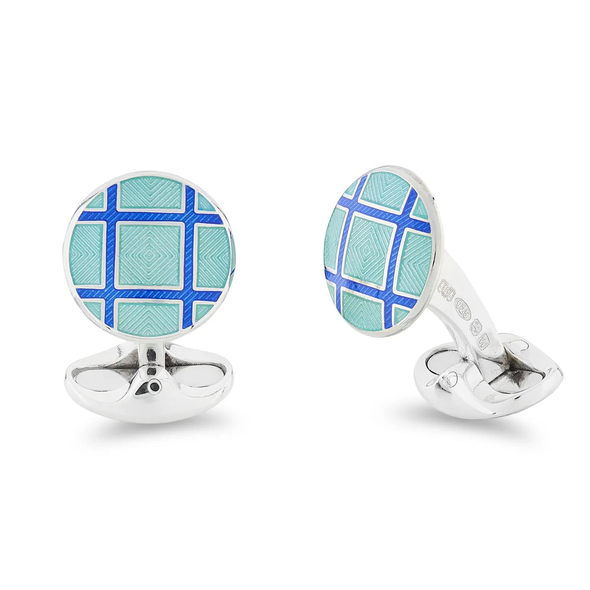 Silver Round Turquoise and Royal Blue Cross Hatch Cufflinks - Deakin & Francis | EB London