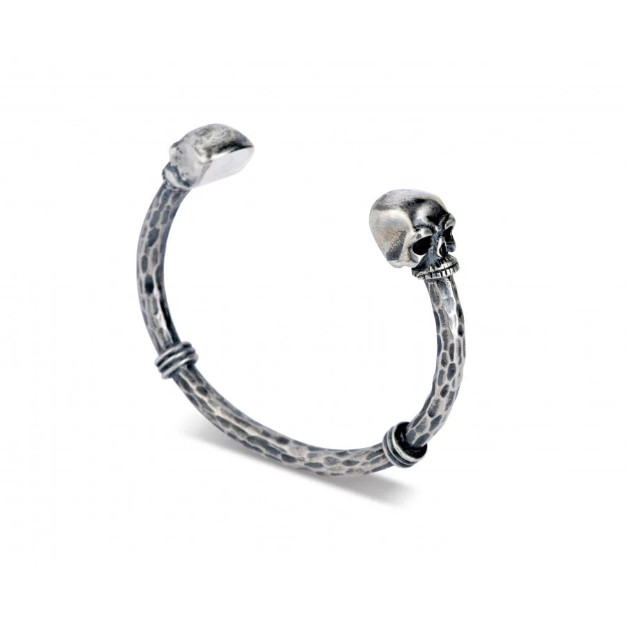 Sterling silver bangle with iconic skull heads at each end by Deakin & Francis at EB London