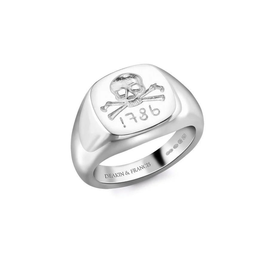 Deakin & Francis sterling silver ladies skull and crossbones signet ring with 1786 date, handcrafted in Birmingham, at EB London