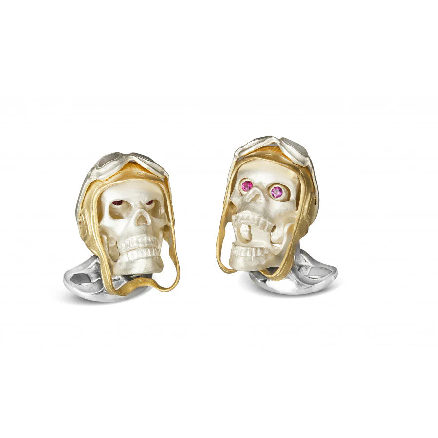 Sterling Silver Skull Cufflinks with Vintage Aviator Pilot Hat & Ruby Eyes – Deakin & Francis - EB London