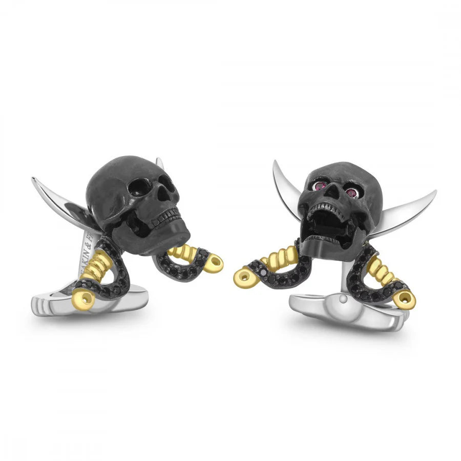 Sterling Silver Skull and Swords Cufflinks with Ruby Eyes - Deakin & Francis - EB London