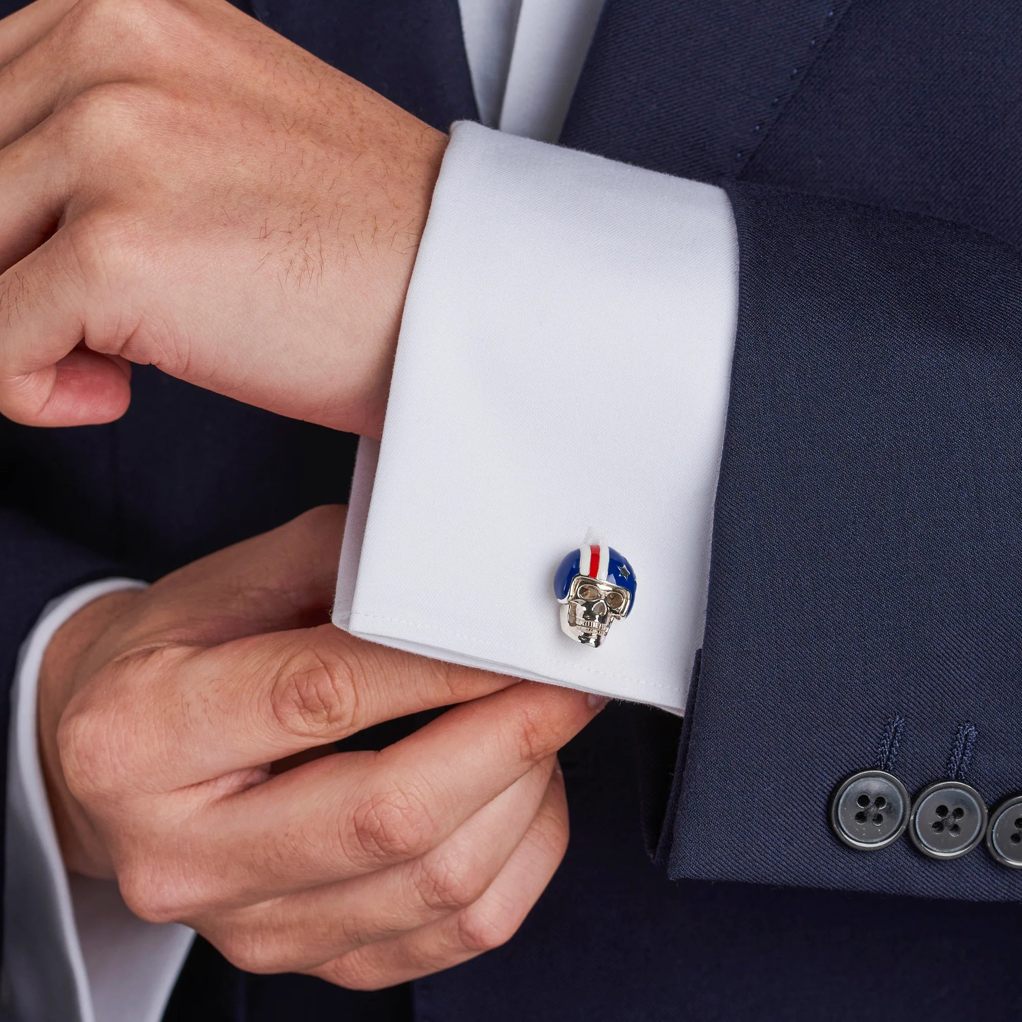 Silver USA Motorbike Helmet Skull Cufflinks with Ruby Eyes – Deakin & Francis - EB London