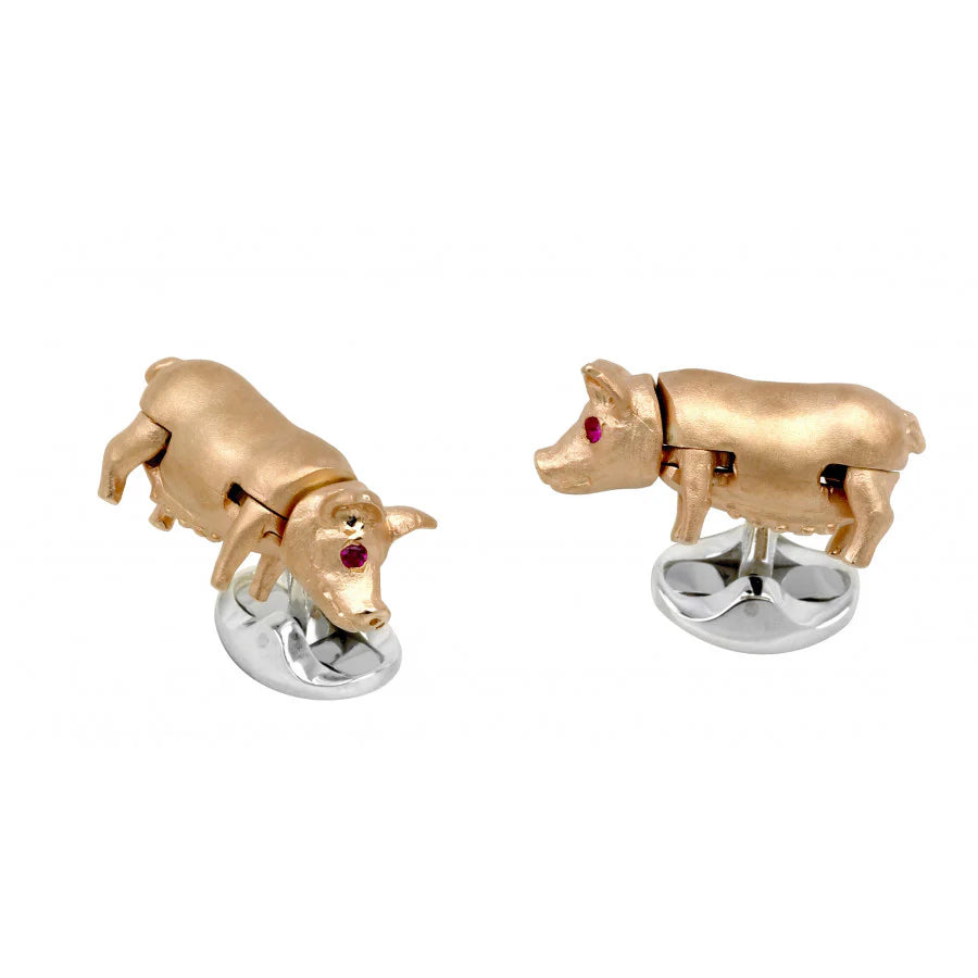 Sterling Silver Wiggling Pig Cufflinks with Ruby Eyes & Rose Gold Plating – Deakin & Francis - EB London