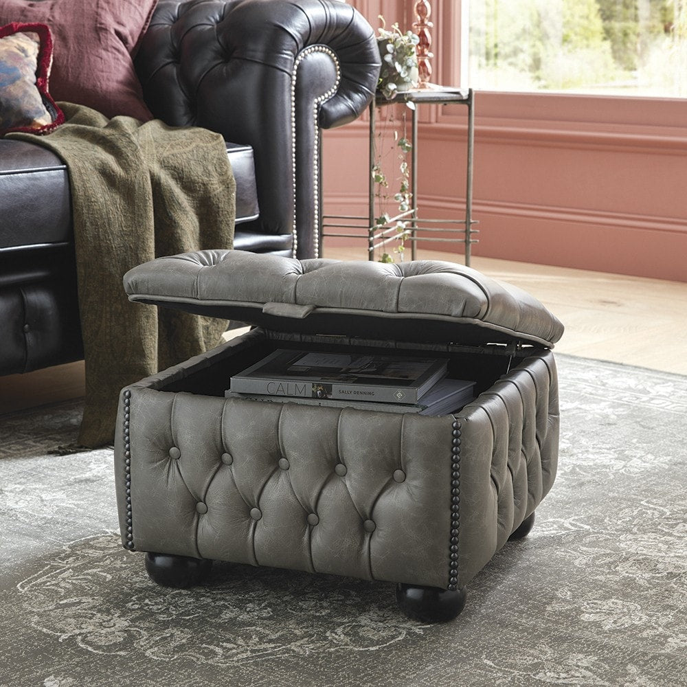 The Saxon Premium Buttoned Pouffe Box | Handcrafted British Upholstered Storage Pouffe - EB London