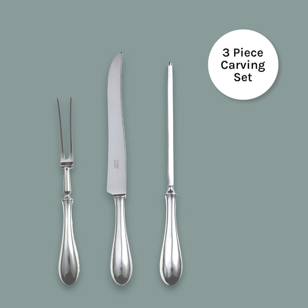 EB London Vision sterling silver carving set with knife, fork, and carving steel, hallmarked, polished finish