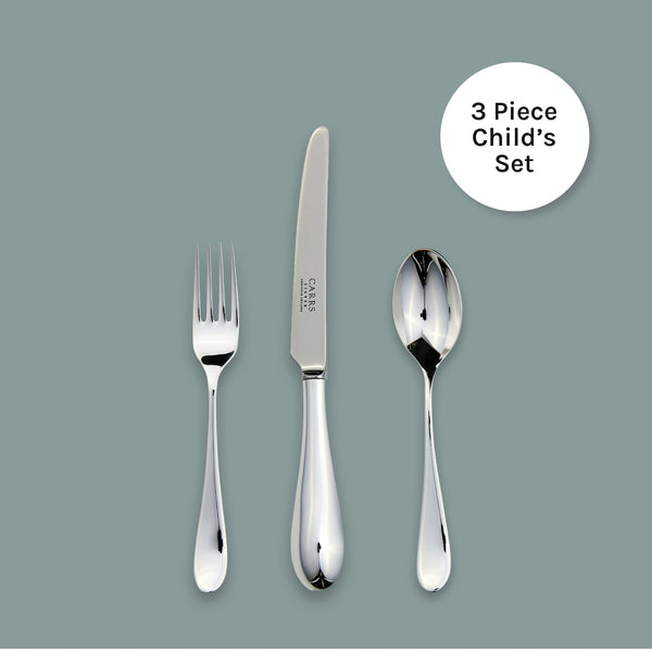 Carrs Silver Vision Child’s Cutlery Set in sterling silver, hallmarked, includes knife, fork, and spoon, 188mm/136mm/140mm