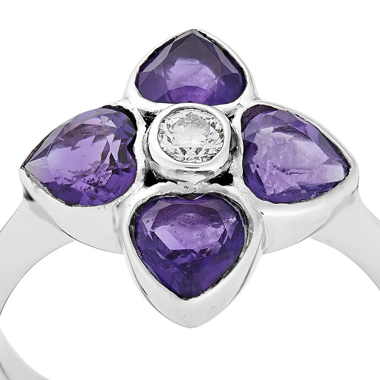 white gold cluster ring with four heart-shaped amethysts and central diamond by Deakin & Francis at EB London