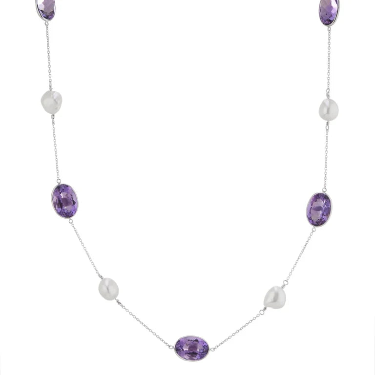 white gold necklace with amethyst and pearl gemstones by Deakin & Francis at EB London