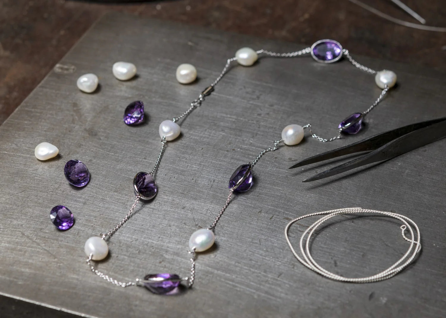 necklace with amethyst and pearl gemstones by Deakin & Francis at EB London
