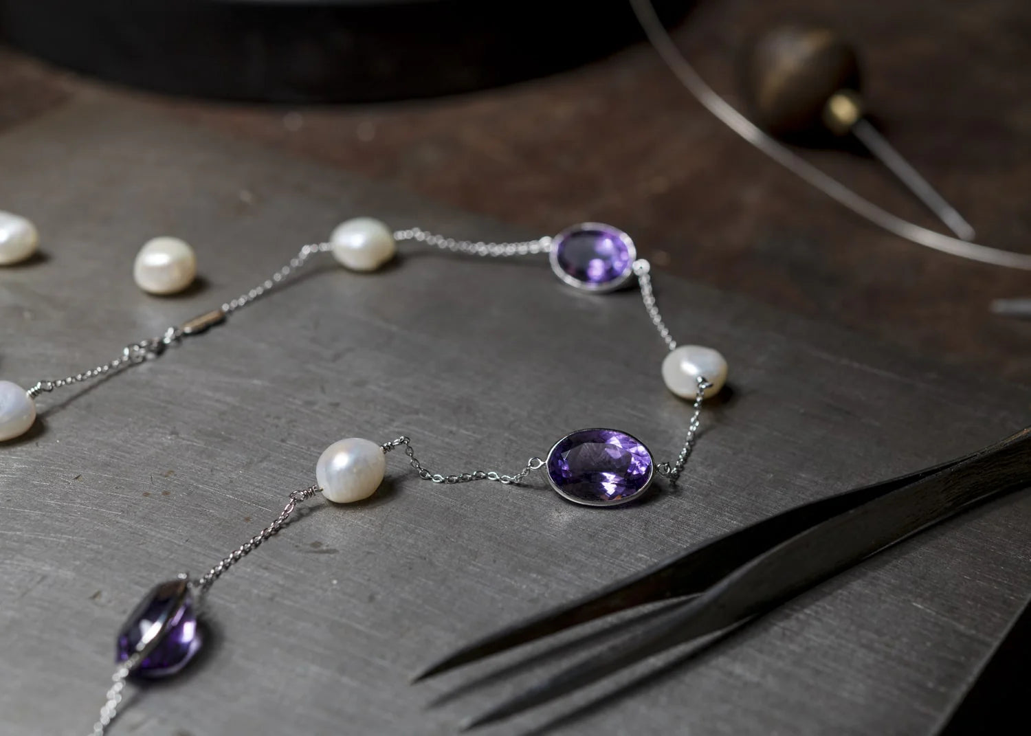 gold necklace with amethyst and pearl gemstones by Deakin & Francis at EB London