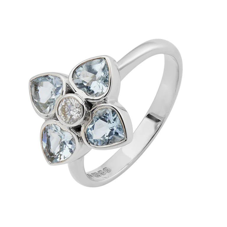 white gold cluster ring with four heart-shaped aquamarines and central diamond by Deakin & Francis at EB London