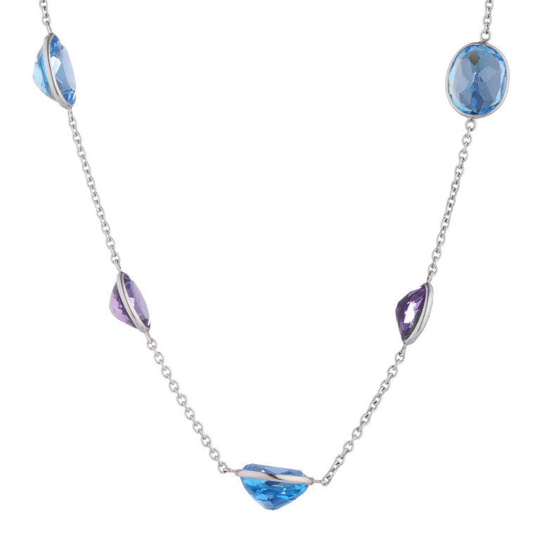 white gold necklace with oval blue topaz and amethyst gemstones by Deakin & Francis at EB London