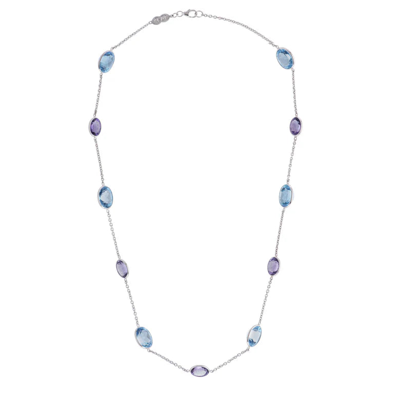 18ct white gold necklace with oval blue topaz and amethyst gemstones by Deakin & Francis at EB London