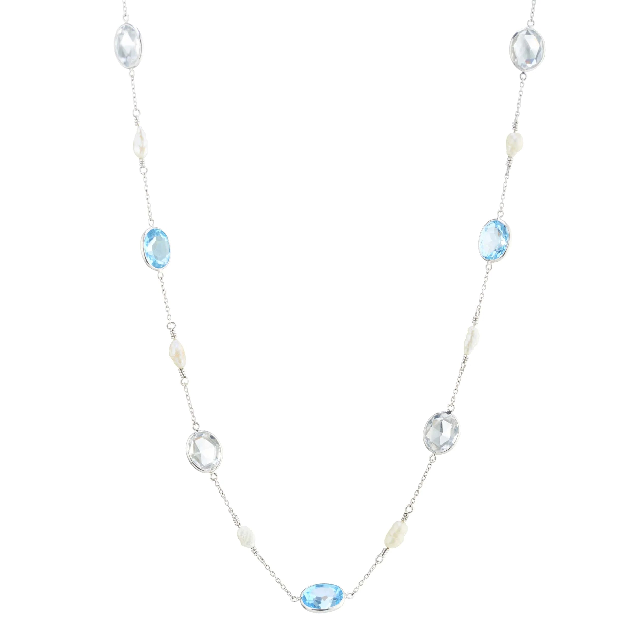 18ct white gold 24 inch necklace with blue topaz, crystal and pearl gemstones by Deakin & Francis at EB London