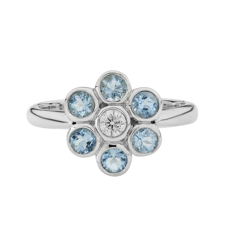 18ct white gold cluster ring with six aquamarines and central diamond by Deakin & Francis at EB London