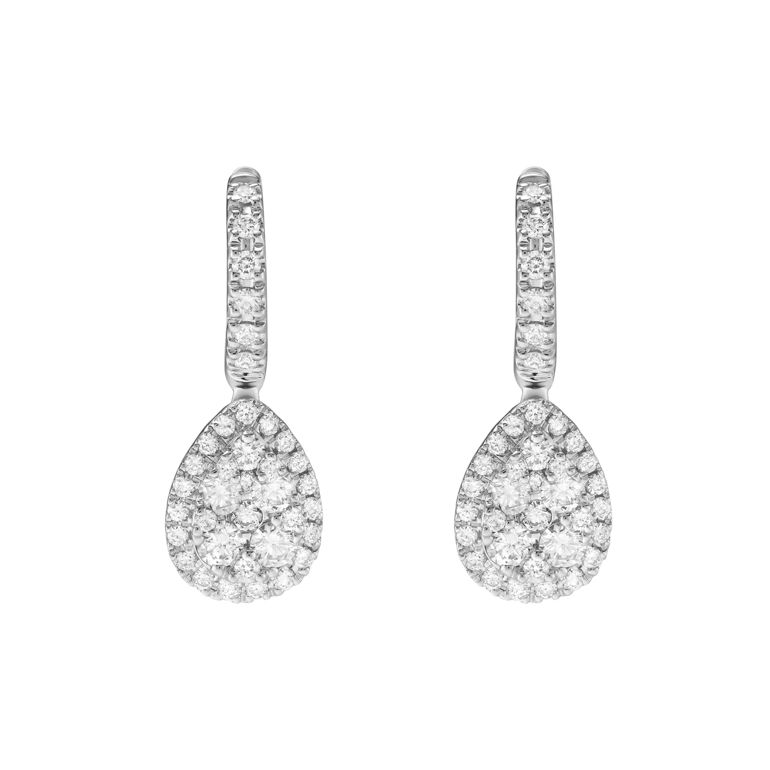 18ct white gold 1.1ct diamond drop earrings with clasp detailing and hinge fitting by Deakin & Francis at EB London