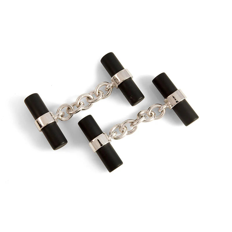 18ct White Gold Onyx Tube Chain Link Cufflinks - Deakin & Francis - EB London