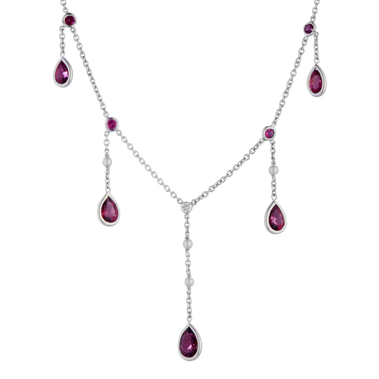 18ct white gold drop necklace with rubellites, cultured pearls and diamond by Deakin & Francis at EB London