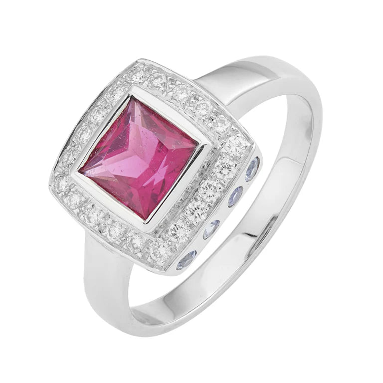 white gold ring with princess cut rubellite, diamond border and blue sapphire accents by Deakin & Francis at EB London